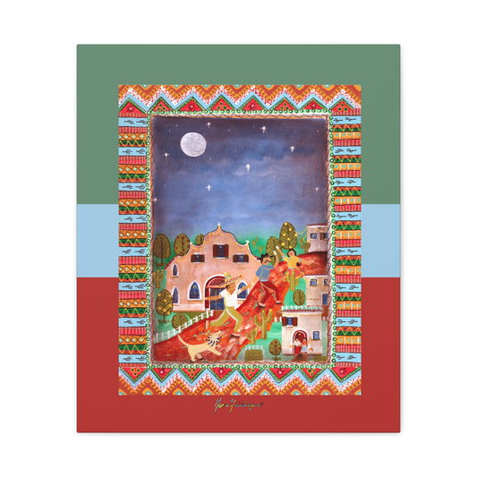 Southwestern Folk Art Canvas Print — Moonlit Village Scene by artist Marie Frederique