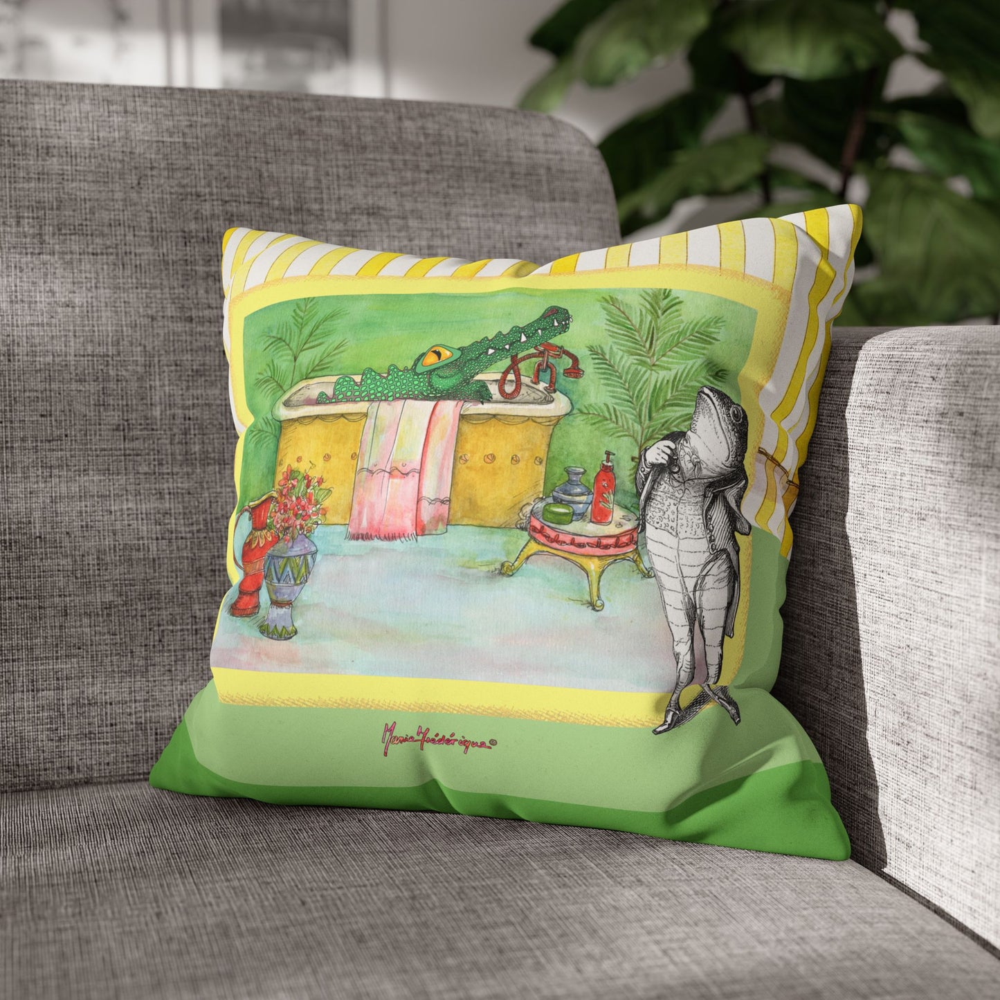 Alligator Bathtub Illustration Throw Pillowcase — Whimsical Bathroom Art Decor by artist Marie Frederique