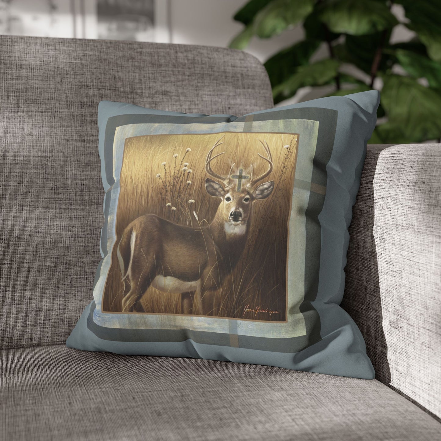 Christian Stag, Deer Faux Suede Pillowcase — Rustic Wildlife by artist Marie Frederique