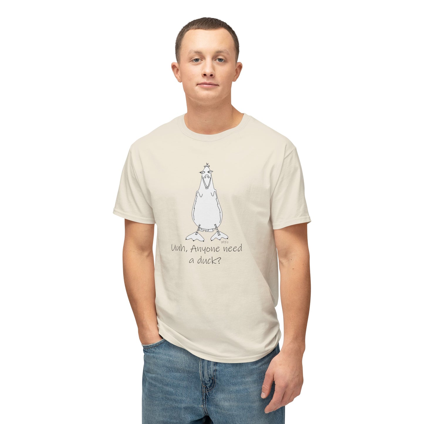 Duck Lovers "Uuh, Anyone need a duck?" - Unisex HD Cotton™ T-shirt by artist Marie Frederique