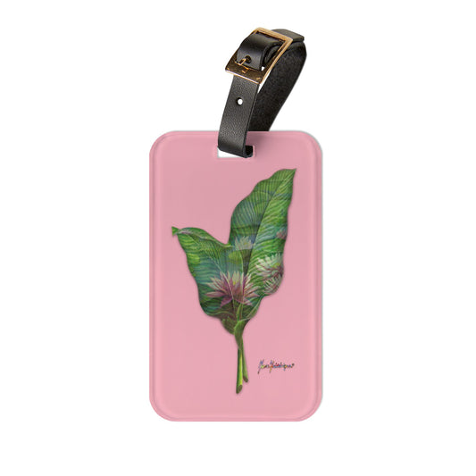 Luggage Tag with leather strap, Pink Lotus flower on a pink background by artist Marie Frederique