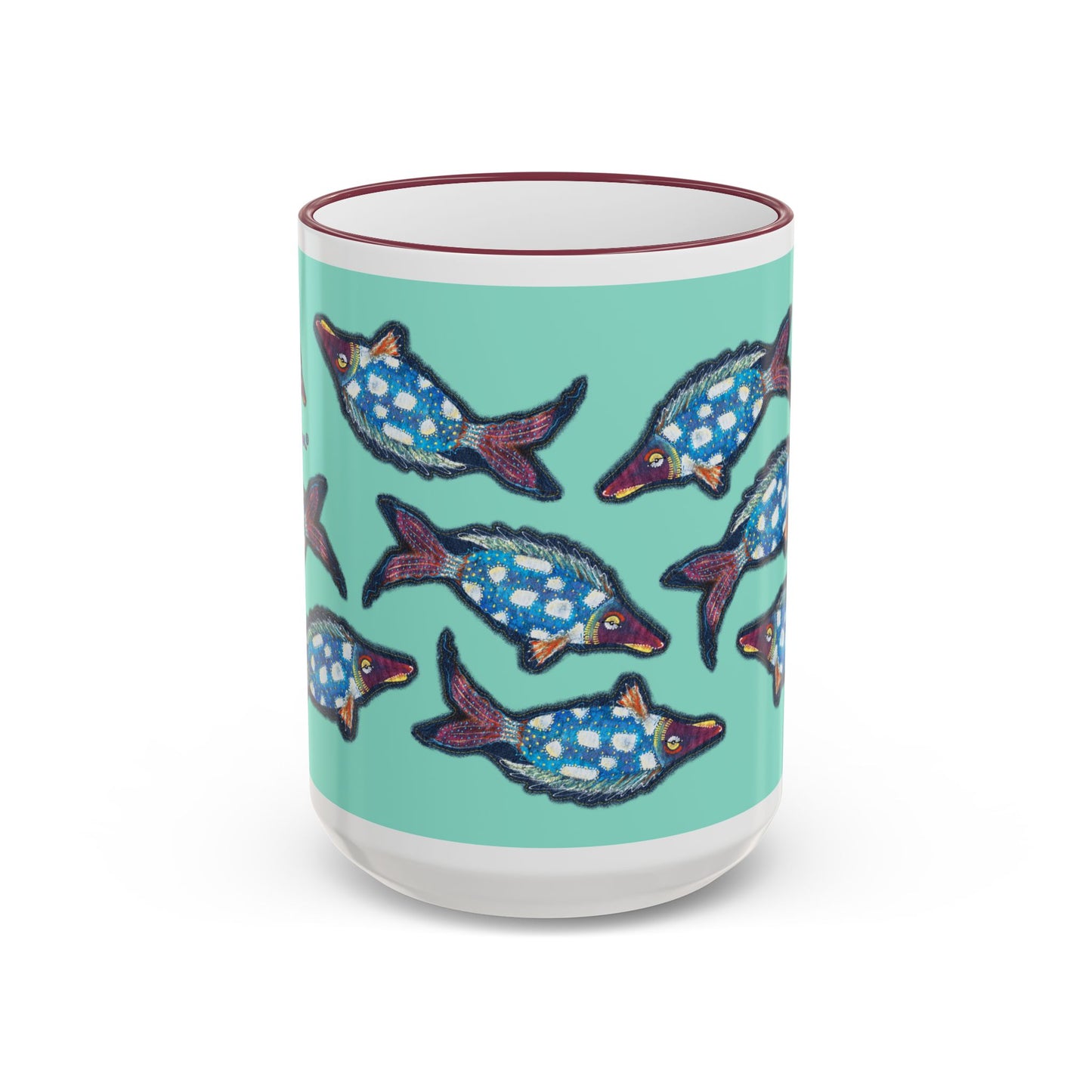 Blue Flying Fish Accent Rim Mug — Nautical Ceramic Coffee Cup (11oz/15oz) by artist Marie Frederique