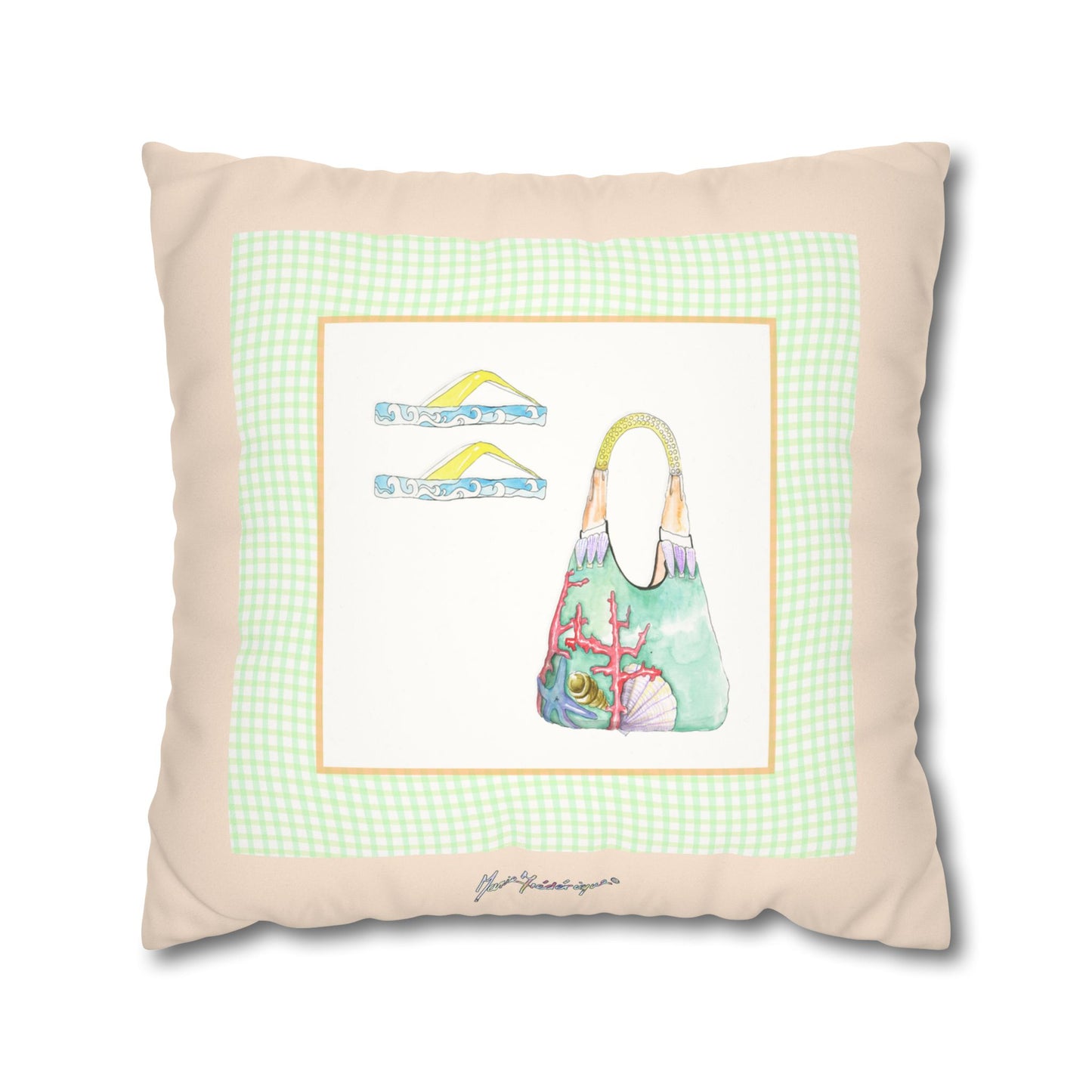 Coastal Vacation Tote and flip flop, Pattern Faux Suede Square Pillowcase by artist Marie Frederique