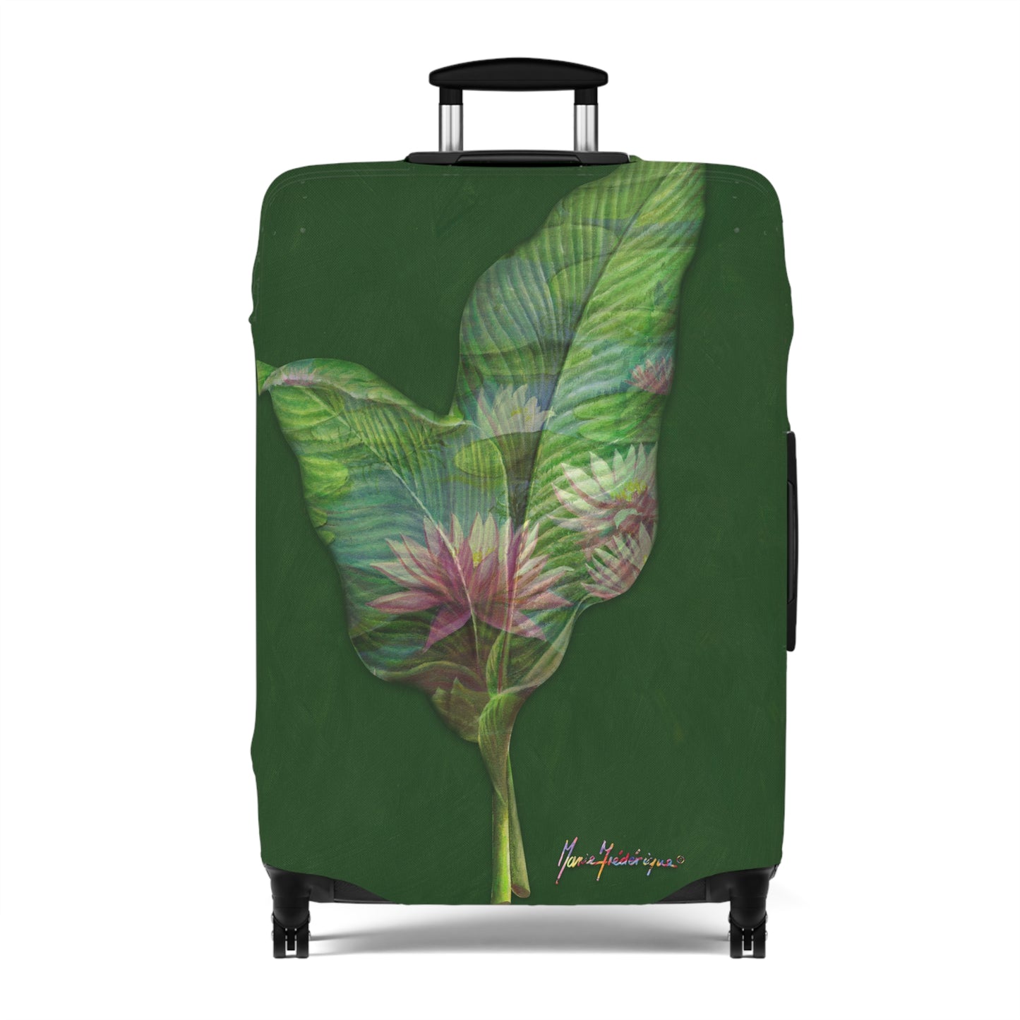 Luggage Cover, Pink Lotus flower and leaves on green By Artist Marie Frederique