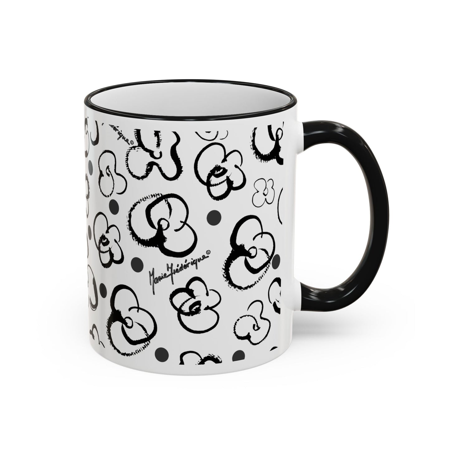 Black & White Floral Brush Doodle Accent Mug (11oz/15oz) by artist Marie Frederique