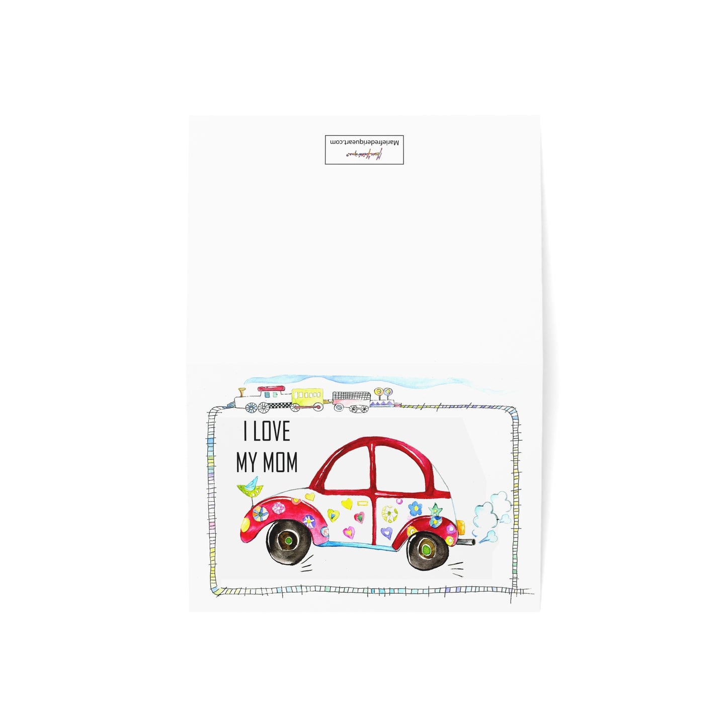 Mother's Day - I LOVE MY MOM, Red Beetle Car and train track Greeting Card for boys by Artist Marie Frederique