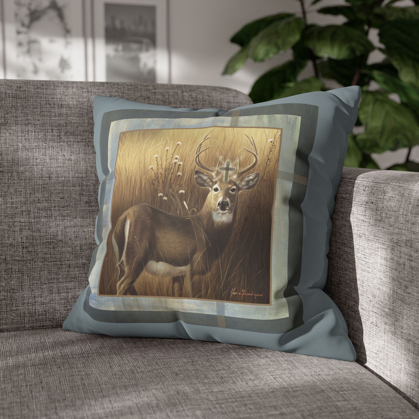 Christian Stag, Deer Faux Suede Pillowcase — Rustic Wildlife by artist Marie Frederique