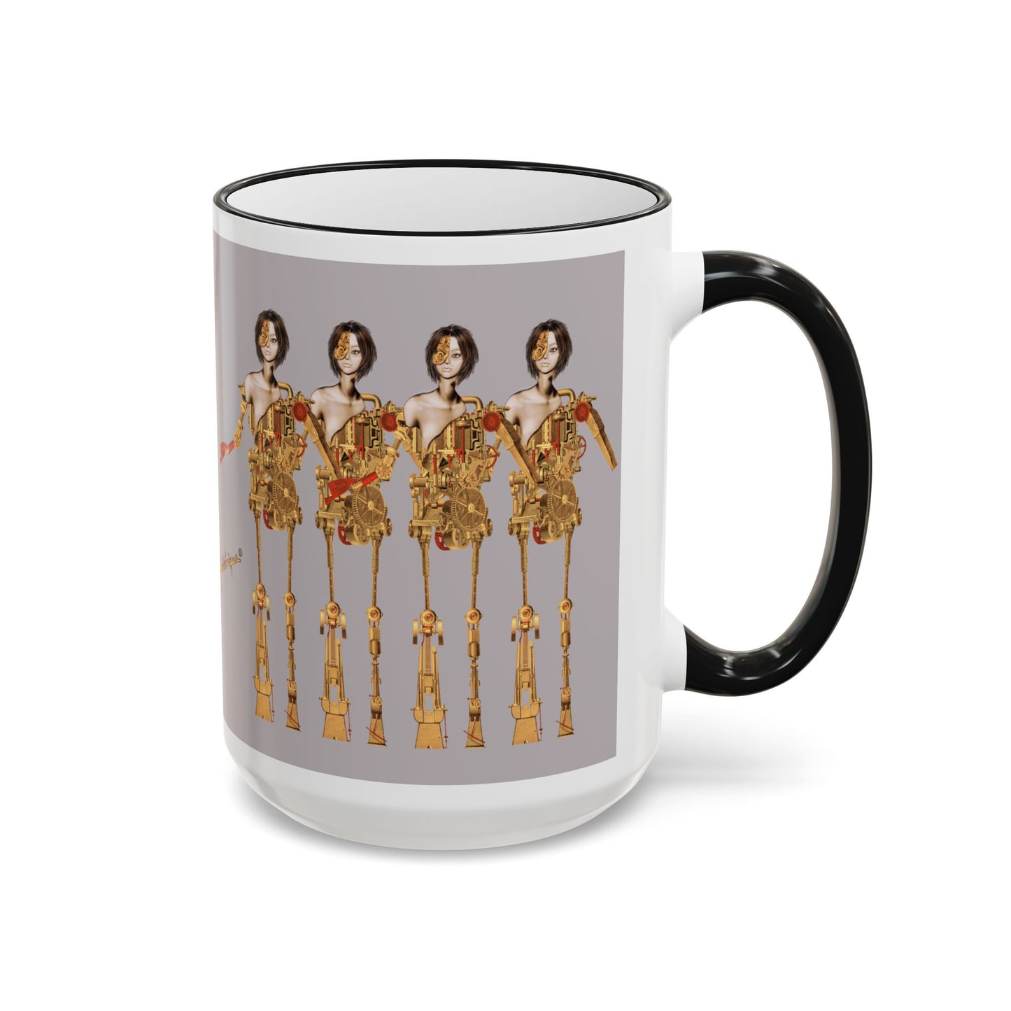 Retro Steampunk Figurine, Men and their Machines - Accent Rim Coffee Cup (11oz/15oz) by artist Marie Frederique