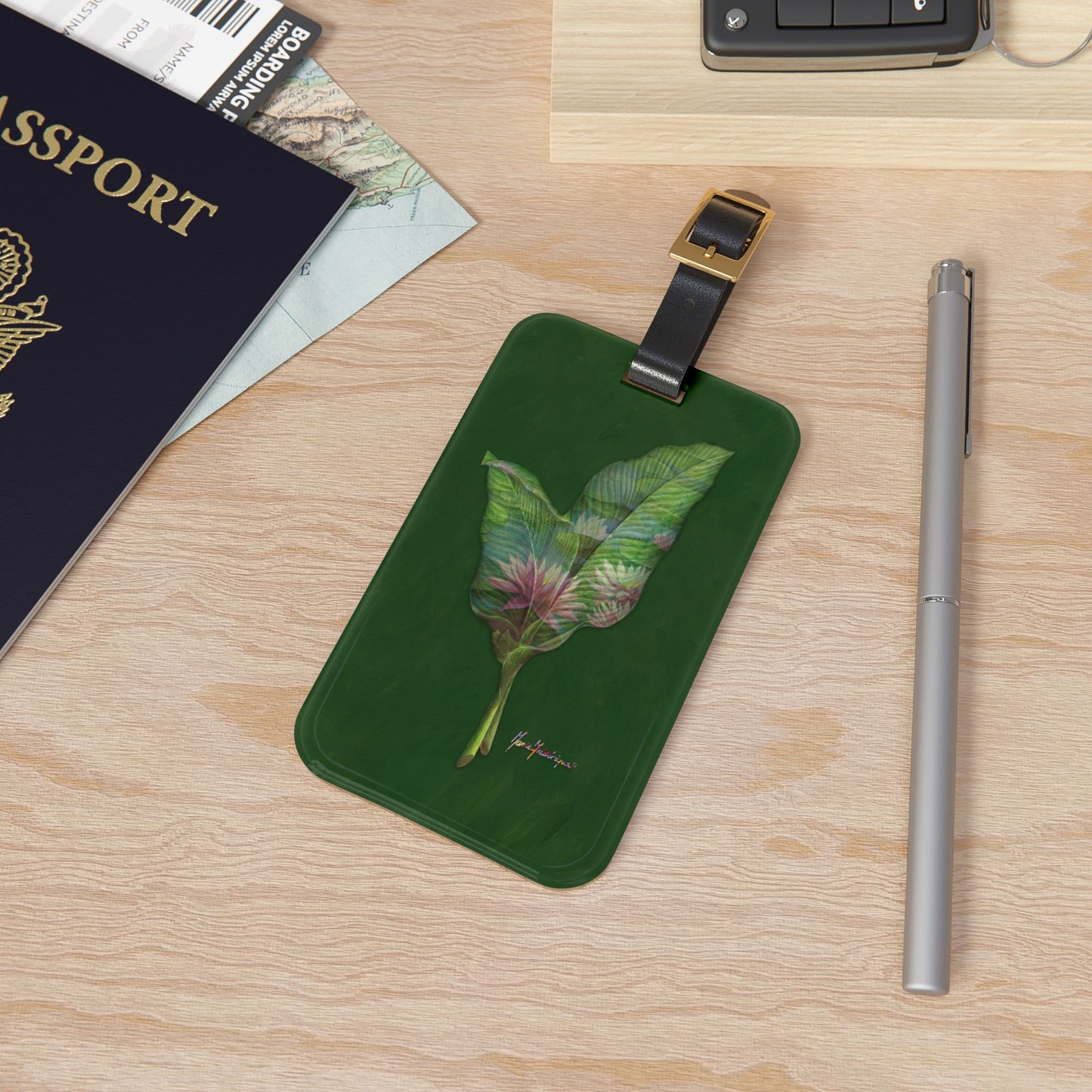 Luggage Tag with leather strap, Pink Lotus flower on a green background by artist Marie Frederique