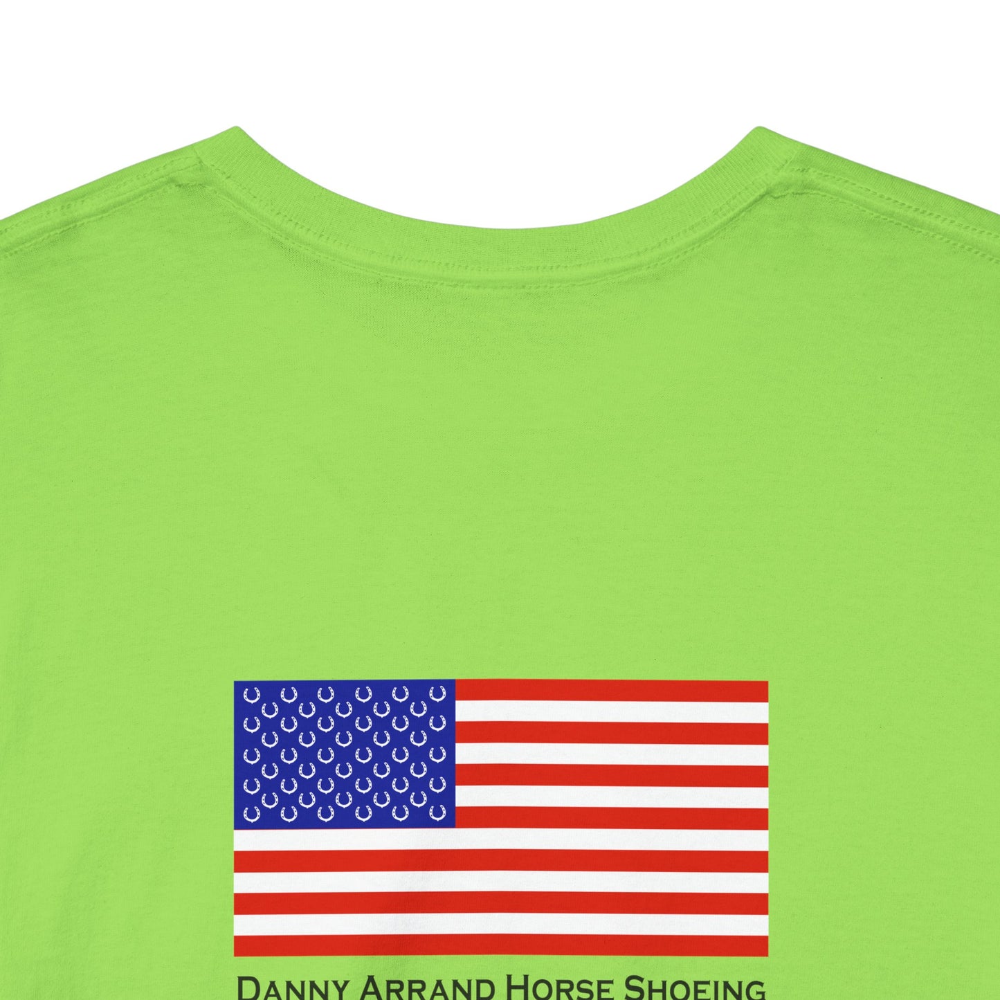 Horseshoeing humor, Unisex Heavy Cotton Tee - 'No More Shoes!' Graphic Tee with American Flag, Danny Arrand