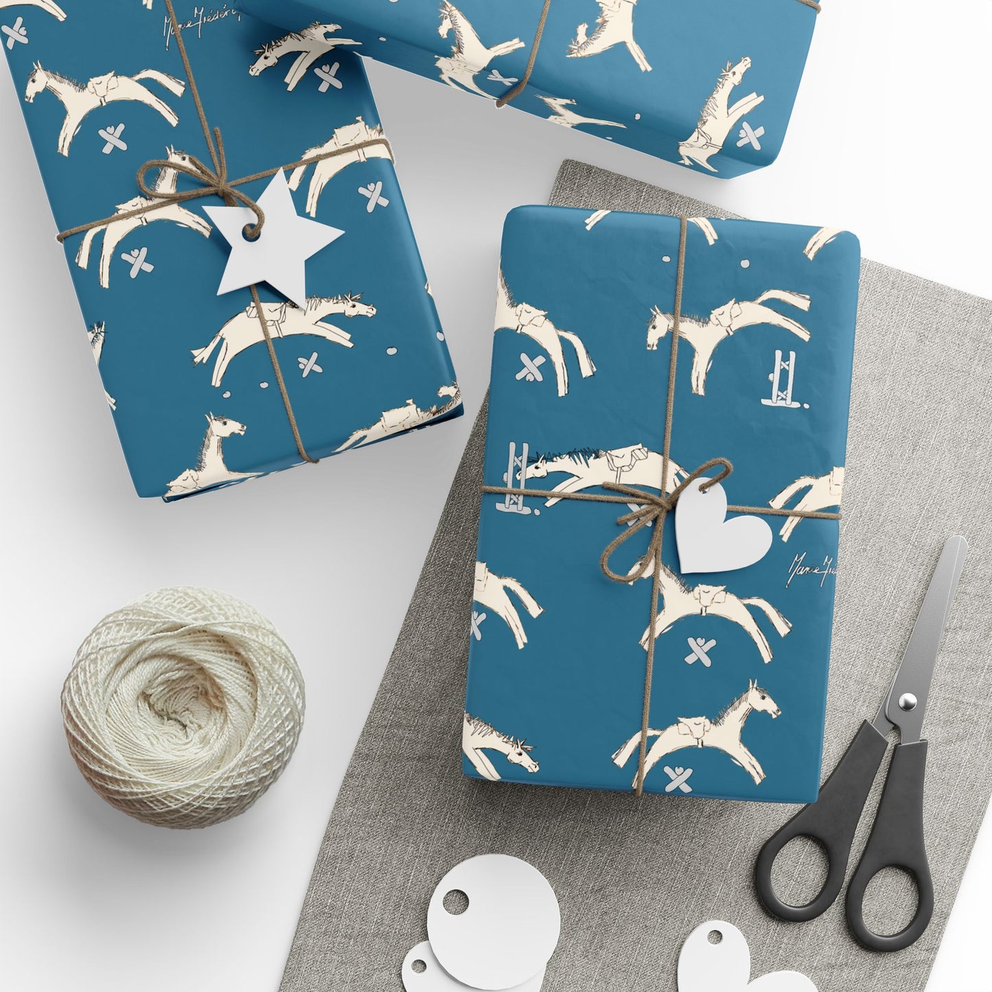 Horse jumping Blue Wrapping Paper Roll – Equestrian Gift Wrap by artist Marie Frederique