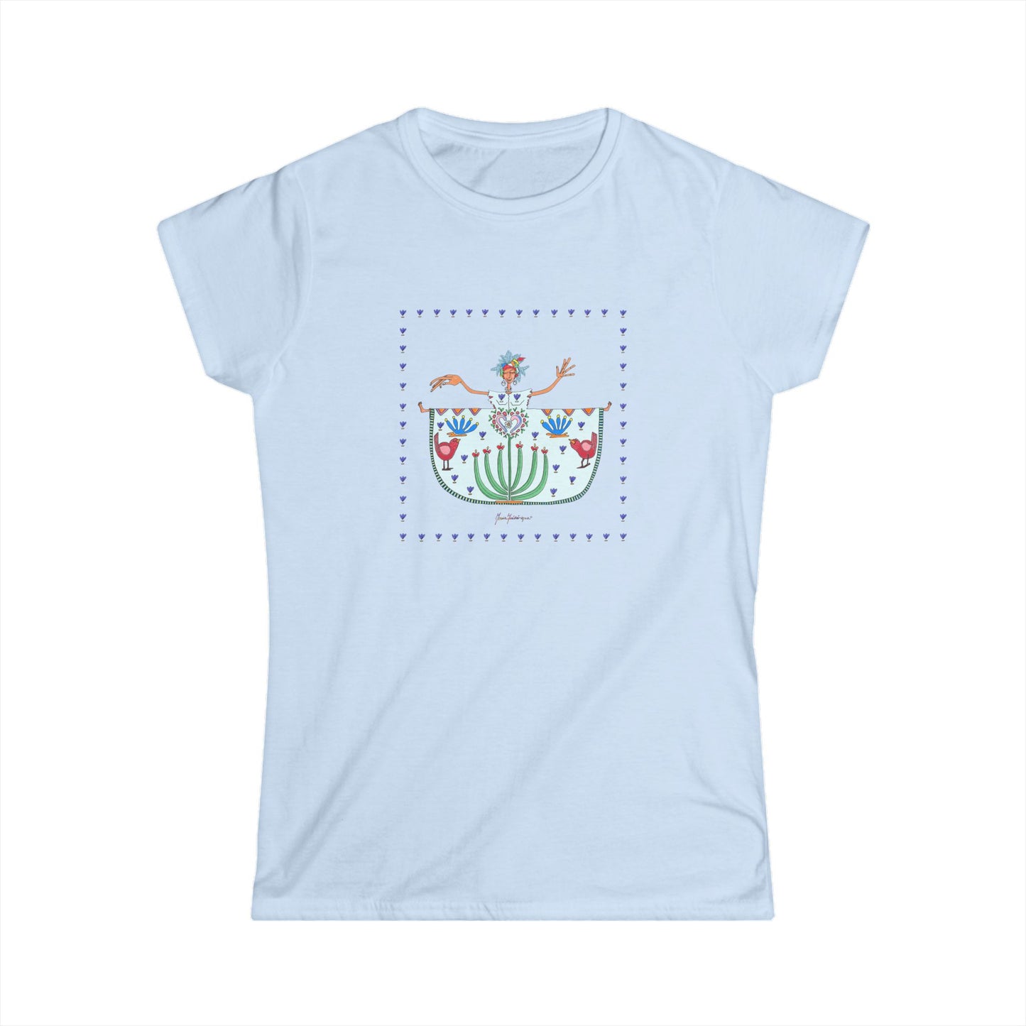 Chic Tropical Women’s Tee — Colorful Dancing Folk Art, Floral Bird Pocket Design by artist Marie Frederique