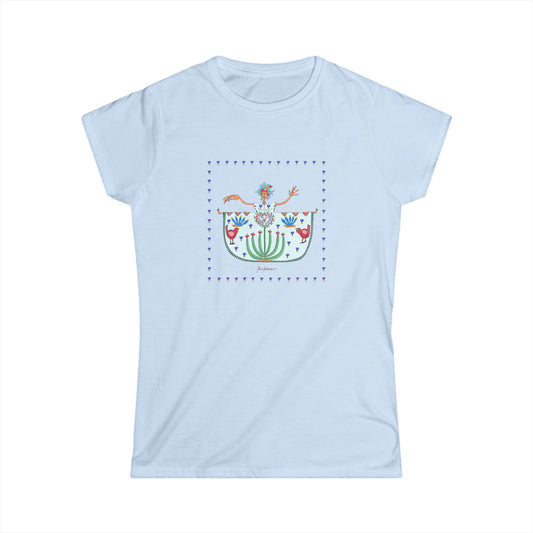 Chic Tropical Women’s Tee — Colorful Dancing Folk Art, Floral Bird Pocket Design by artist Marie Frederique