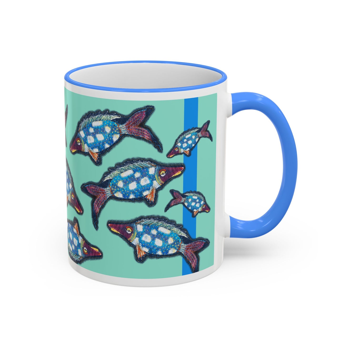 Blue Flying Fish Accent Rim Mug — Nautical Ceramic Coffee Cup (11oz/15oz) by artist Marie Frederique