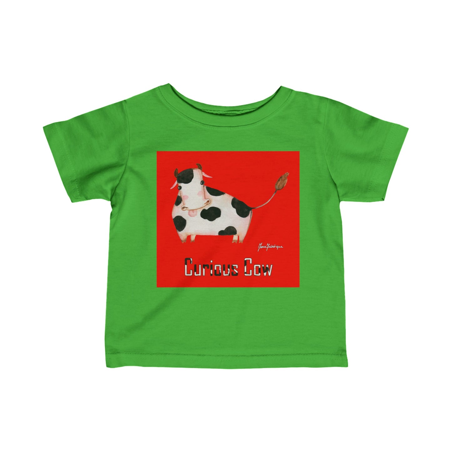 Curious Cow on red background - Infant Fine Jersey Tee by Artist Marie Frederique