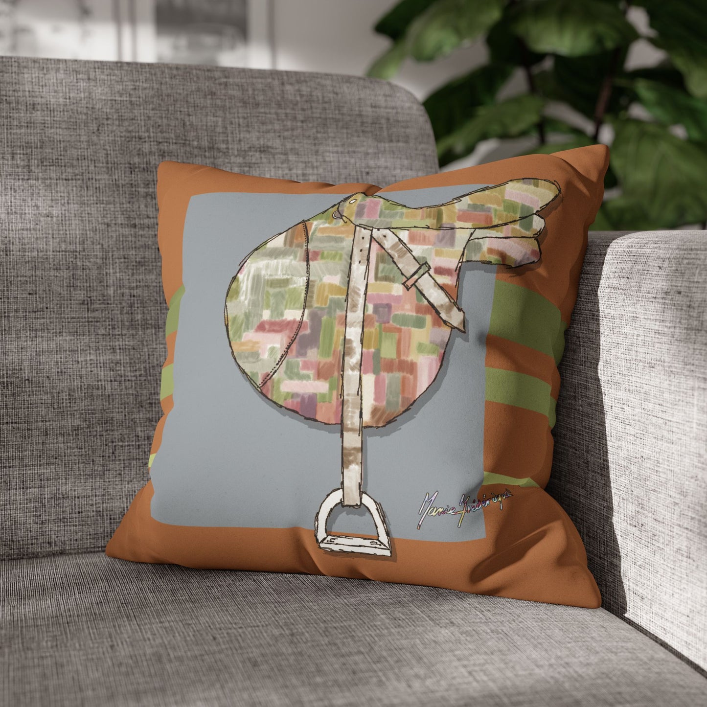 Equestrian Patchwork Saddle Faux Suede Throw Pillow cover by artist Marie Frederique