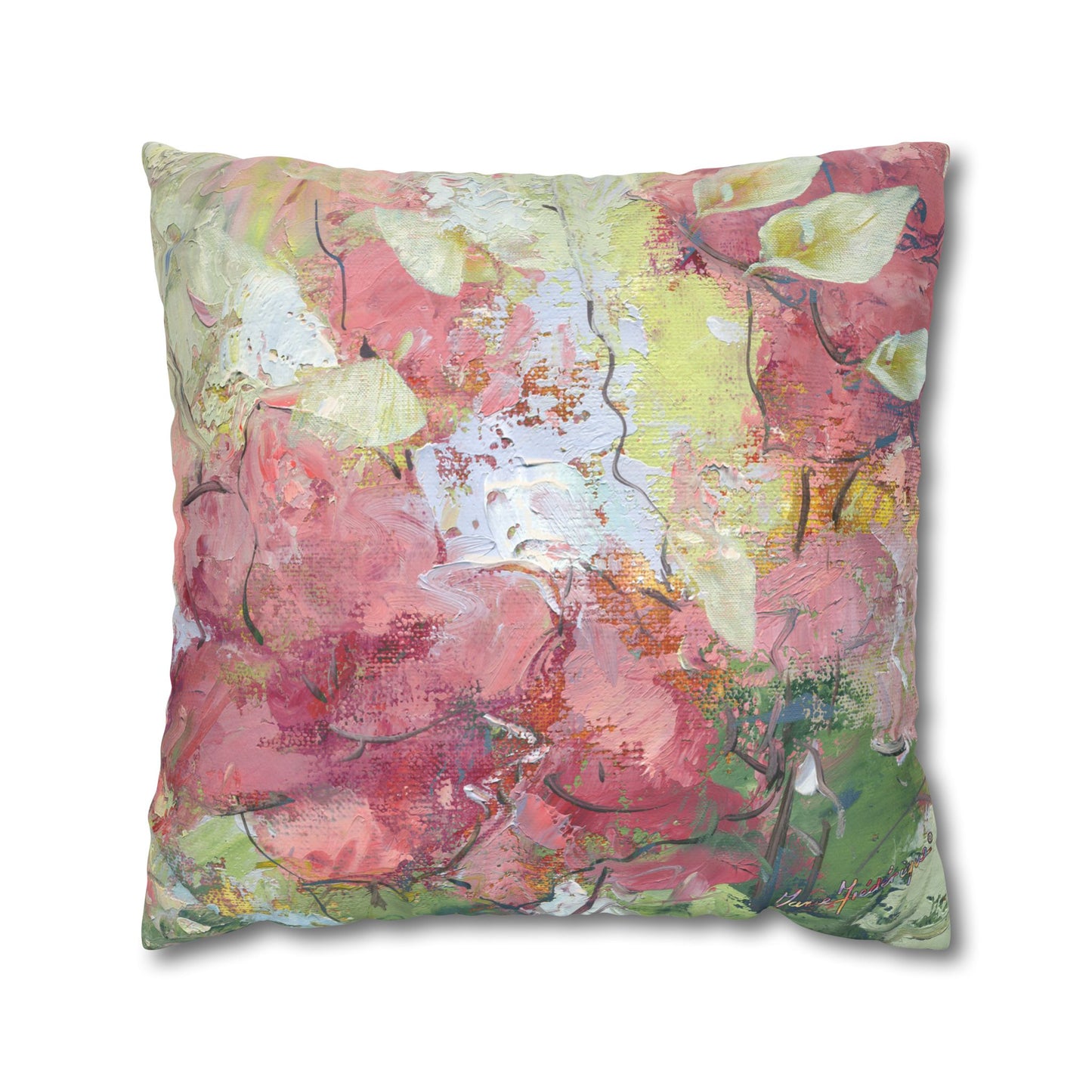 Floral Abstract Faux Suede Pillowcase – Pink Watercolor Square Throw Pillow Cover by artist Marie Frederique