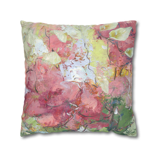 Floral Abstract Faux Suede Pillowcase – Pink Watercolor Square Throw Pillow Cover by artist Marie Frederique