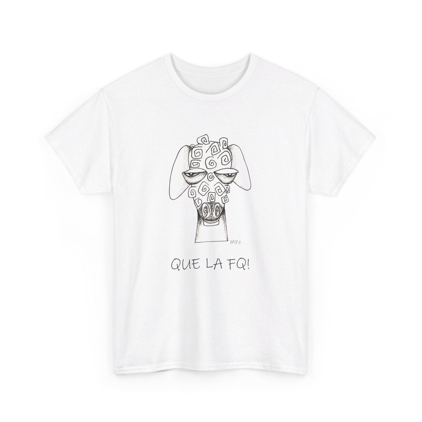 Adult Humor "QUE LA FQ!" with a whimsical drawing of a sheep's face - Unisex Heavy Cotton Tee by artist Marie Frederique