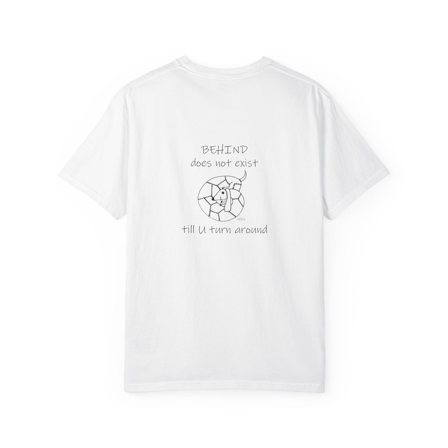 Behind Does Not Exist T-Shirt — Minimalist Broken Clock Graphic Tee by artist Marie Frederique