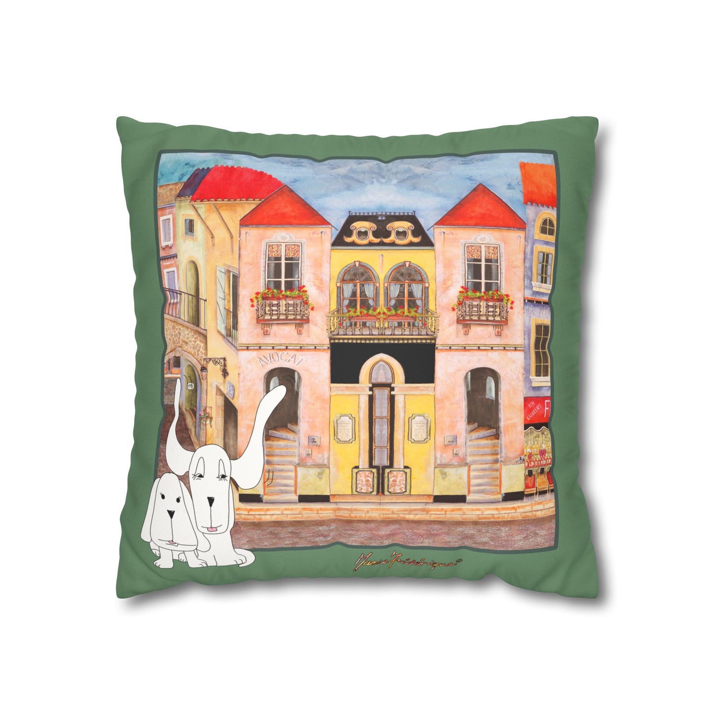 Whimsical Town & Dogs Faux Suede Pillow cover — Chefetteville, Decorative Square Throw Pillow Cover by artist Marie Frederique