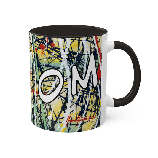 OM/AUM Zen, Abstract expressionist Colorful Mug in 3 colors, Red, Black and Yellow 11oz By Artist Marie Frederique