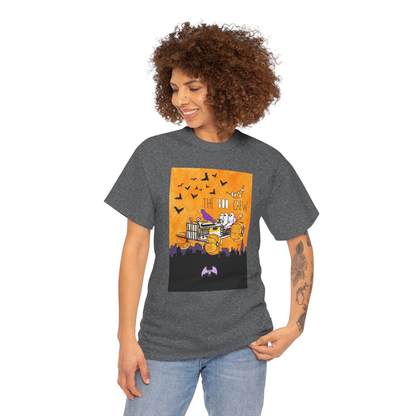 Halloween Tractor, meet the BOO Crew, Unisex Heavy Cotton Tee by artist Marie Frederique