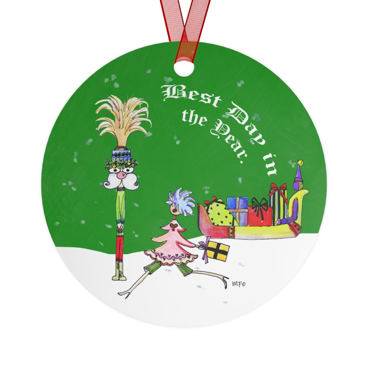 Christmas Ornament - Whimsical Christmas Character Metal Ornament, double sided by artist Marie Frederique