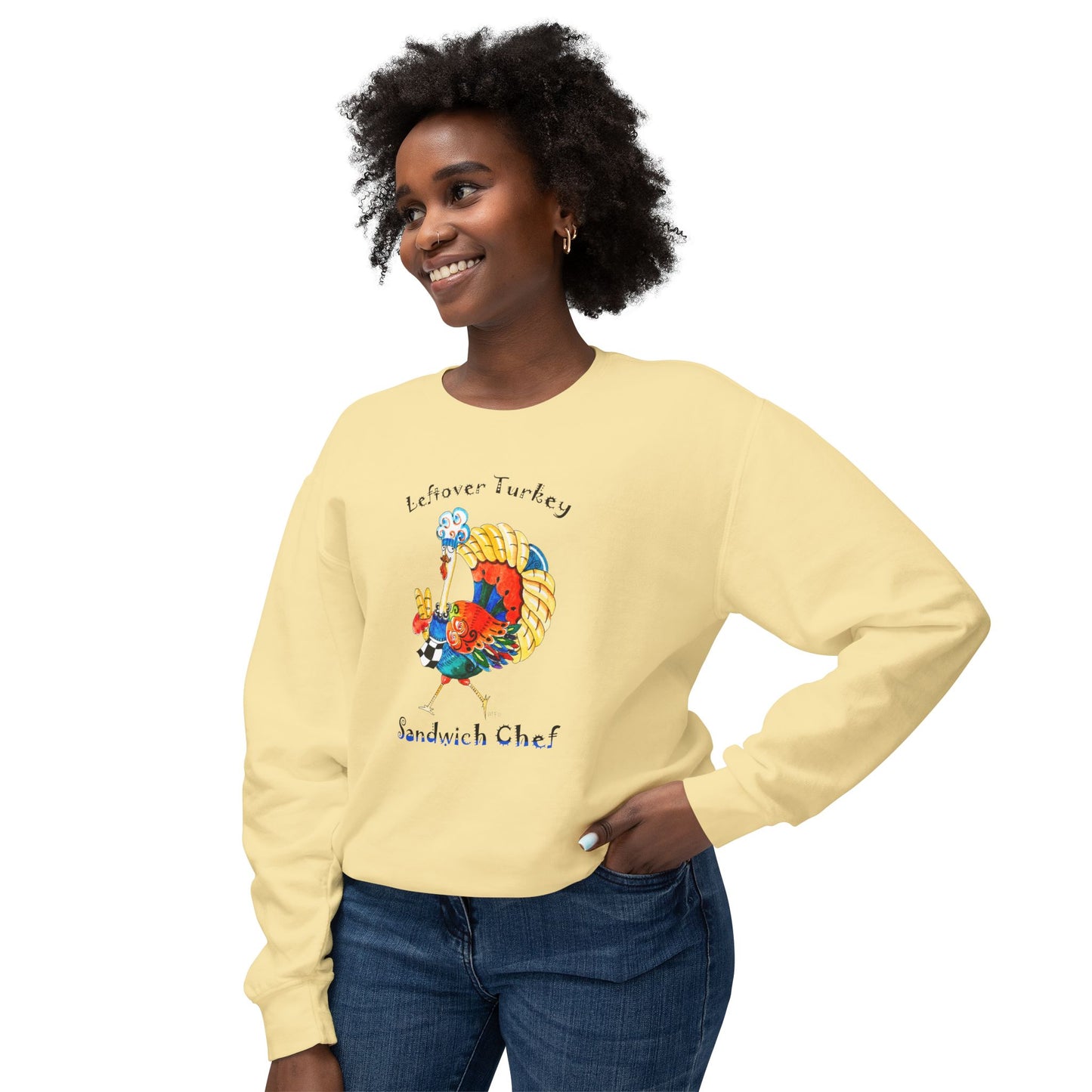 Thanksgiving Turkey Sandwich Chef - Unisex Lightweight Crewneck Sweatshirt by artist Marie Frederique