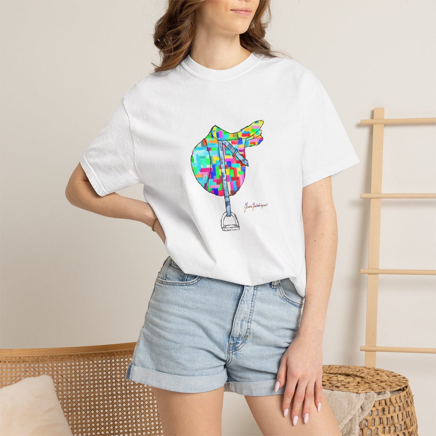 Saddle Patchwork T-Shirt — Colorful Equestrian Graphic Tee by artist Marie Frederique