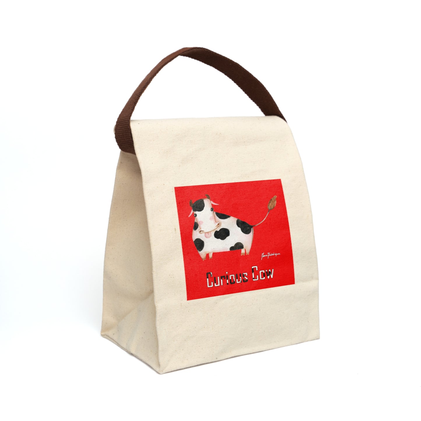 Curious Cow on red - Canvas Lunch Bag With Strap by Artist Marie Frederique