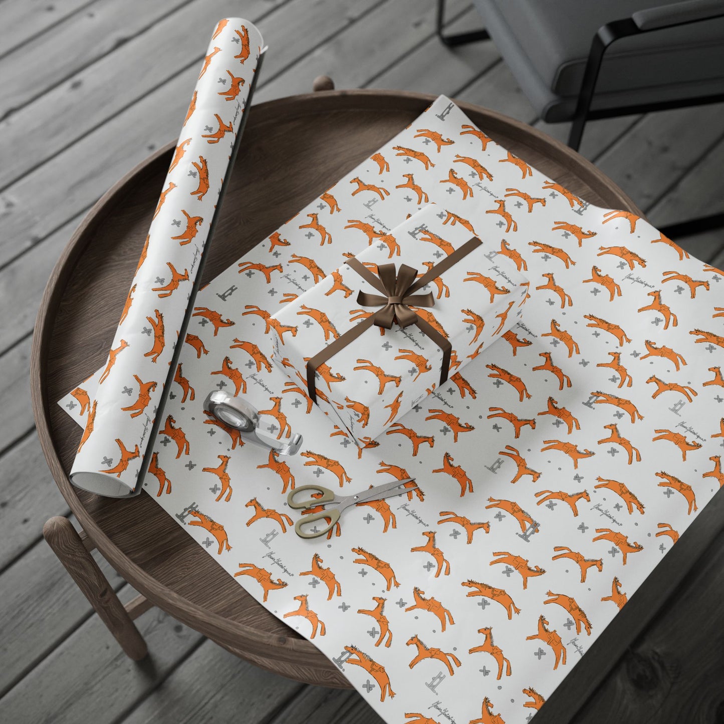 Horse Jumping Pattern Wrapping Paper – Orange Horses on White Gift Wrap (Holiday & Birthday) by artist Marie Frederique