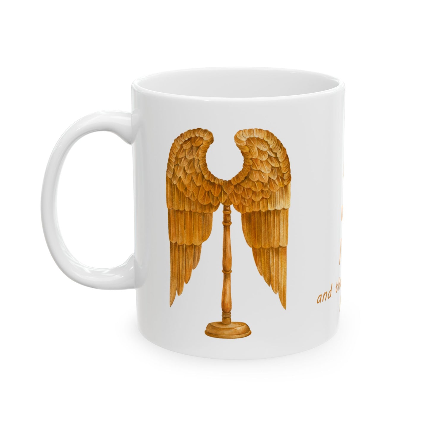 Angel Wings, "I am who I am and that is enough" Mantra Ceramic Mug in golden yellow, 11oz by Artist Marie Frederique