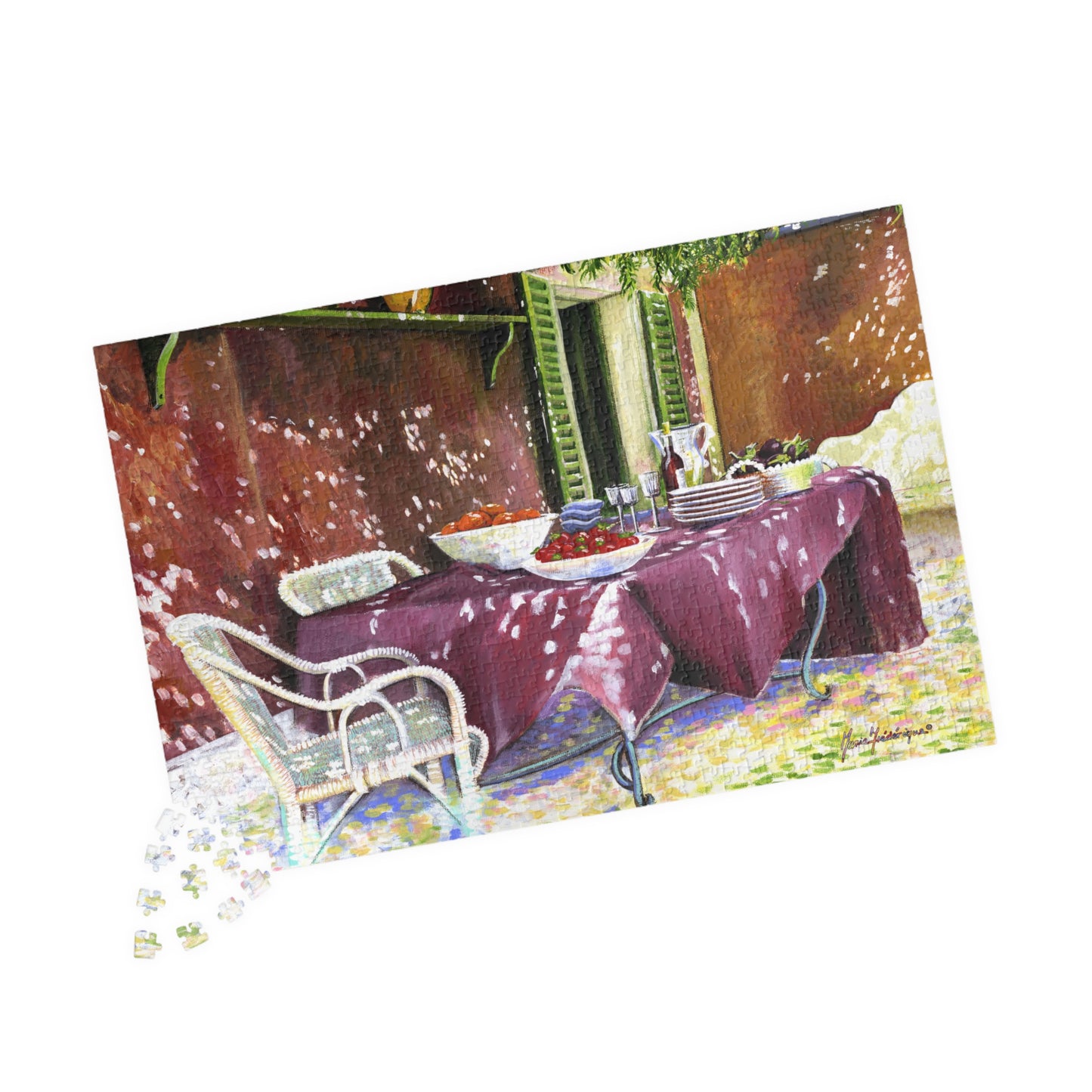 My happy place - summer patio table set for guests, Puzzle 1014 piece by Artist Marie Frederique