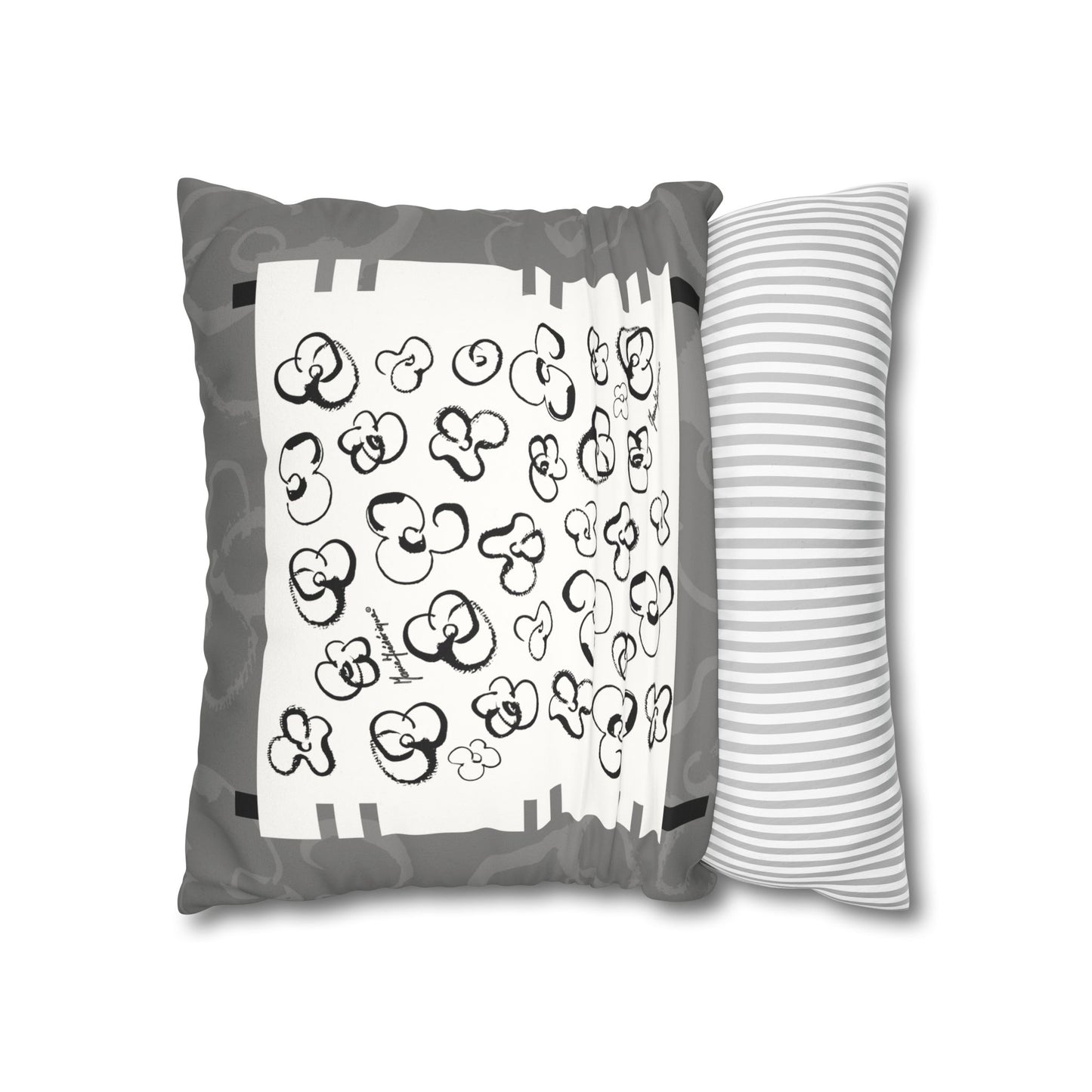 Black, White and Gray Floral Pop Art Faux Suede Pillowcase by artist Marie Frederique
