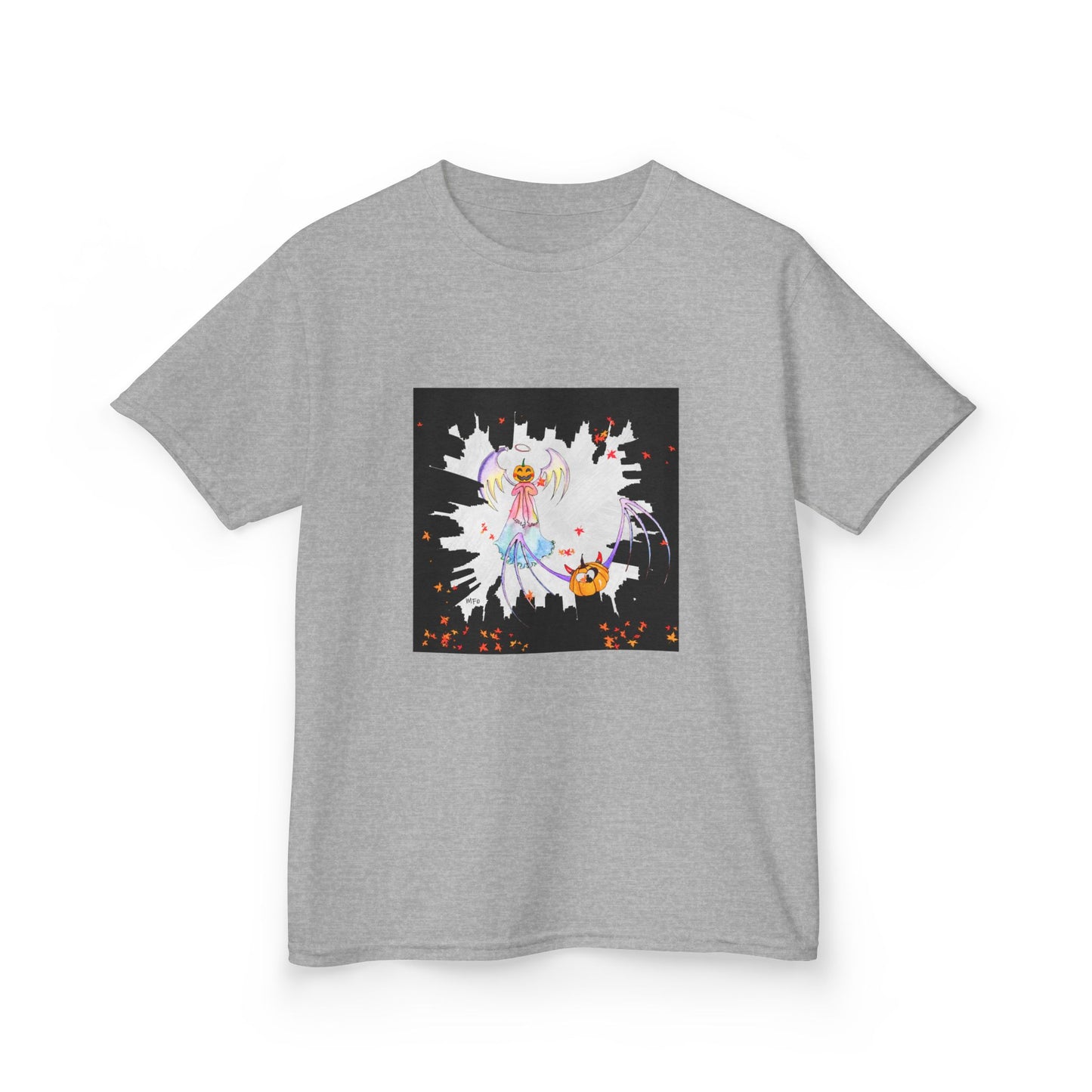 Halloween Angel and Pumpkin Heart Bat - Kids Heavy Cotton™ Tee by artist Marie Frederique