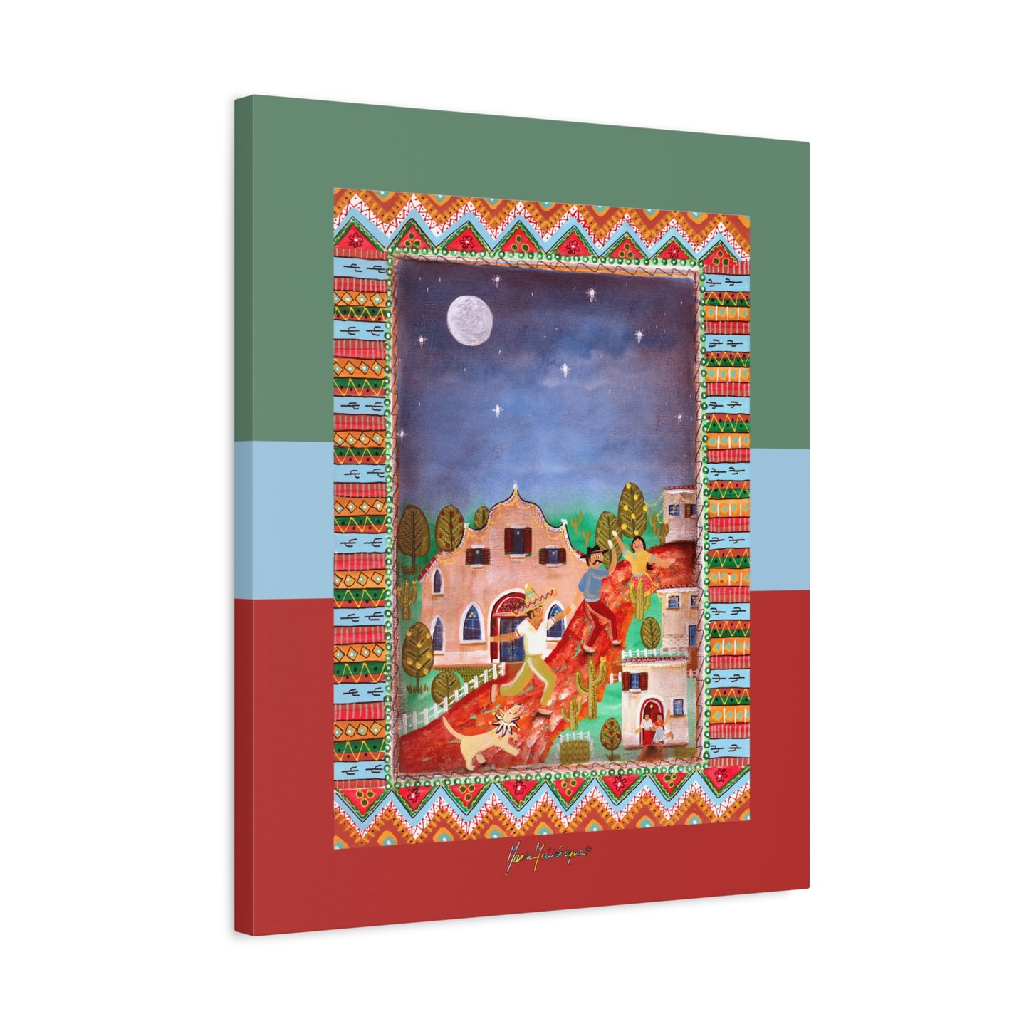 Southwestern Folk Art Canvas Print — Moonlit Village Scene by artist Marie Frederique