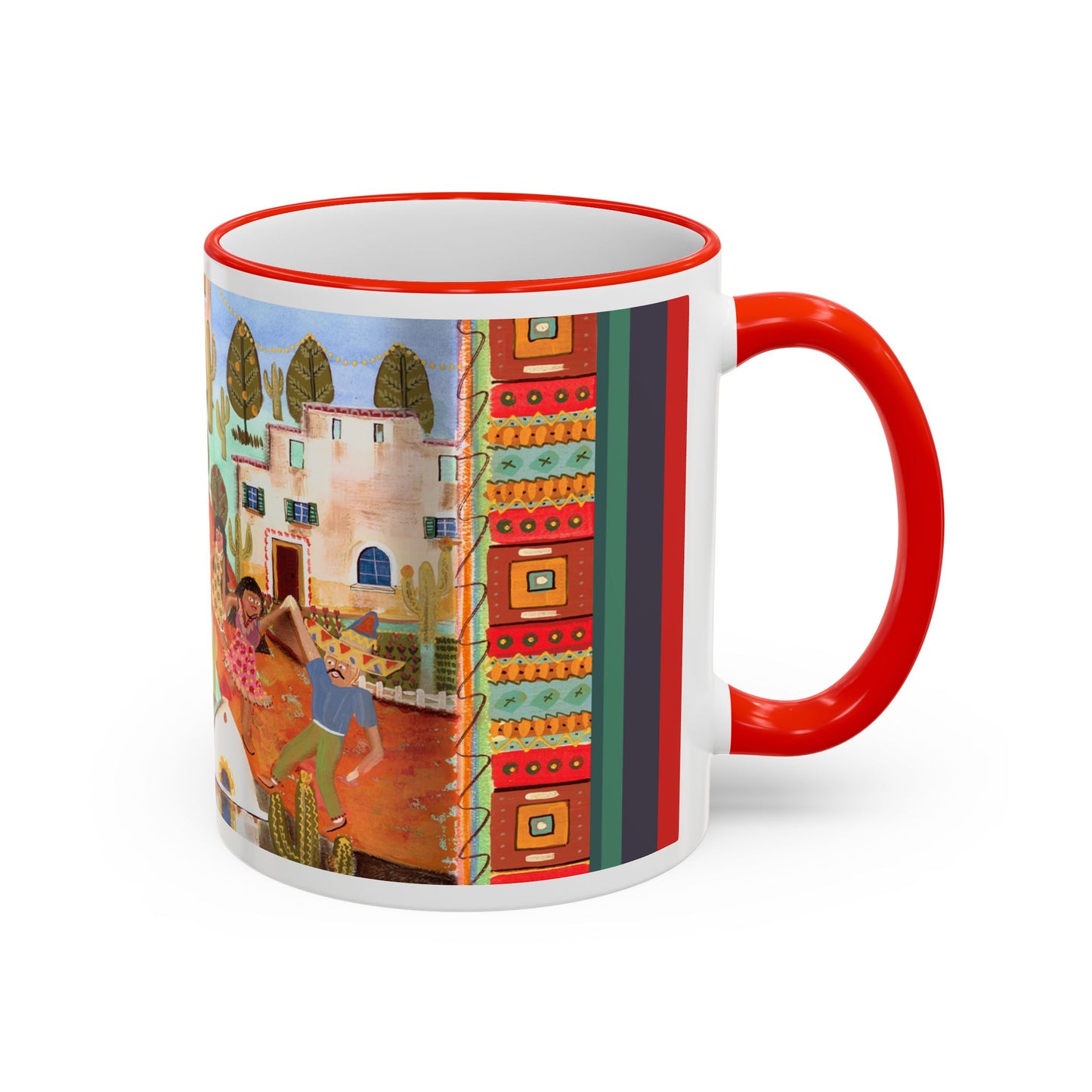 Colorful Fiesta Village Scene Accent Rim Mug — Whimsical Community Art Coffee Cup (11oz/15oz) by artist Marie Frederique