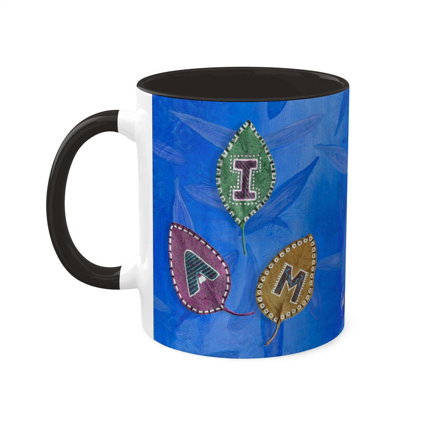 I AM Collection with painted Alphabet leaves - in 5 Color options Black, Cambridge Blue, Yellow, Light Green and Maroon Mugs, 11oz By Artist Marie Frederique