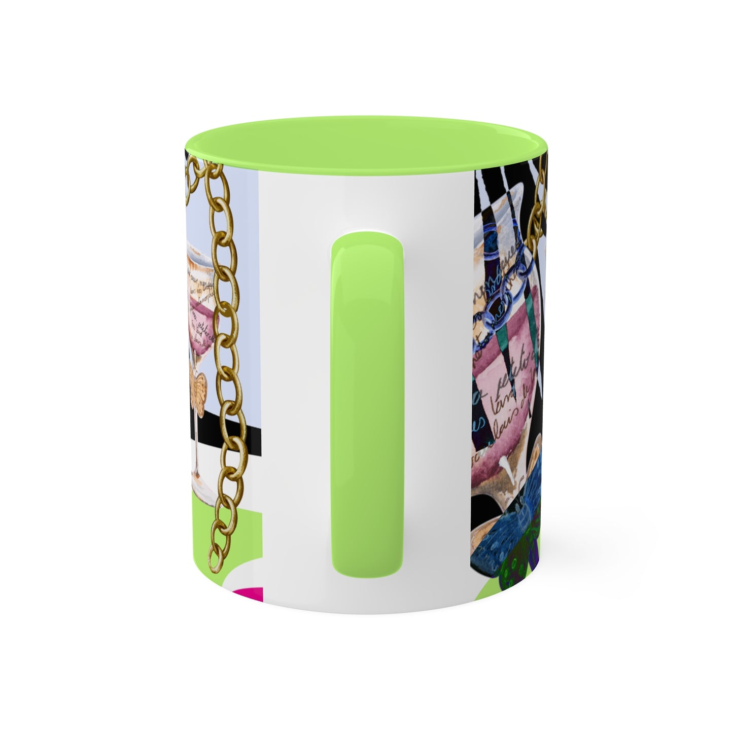 Haute Couture Colorful Mug in 4 color options of Black, Light Green, Light Blue and Pink 11oz By Artist Marie Frederique