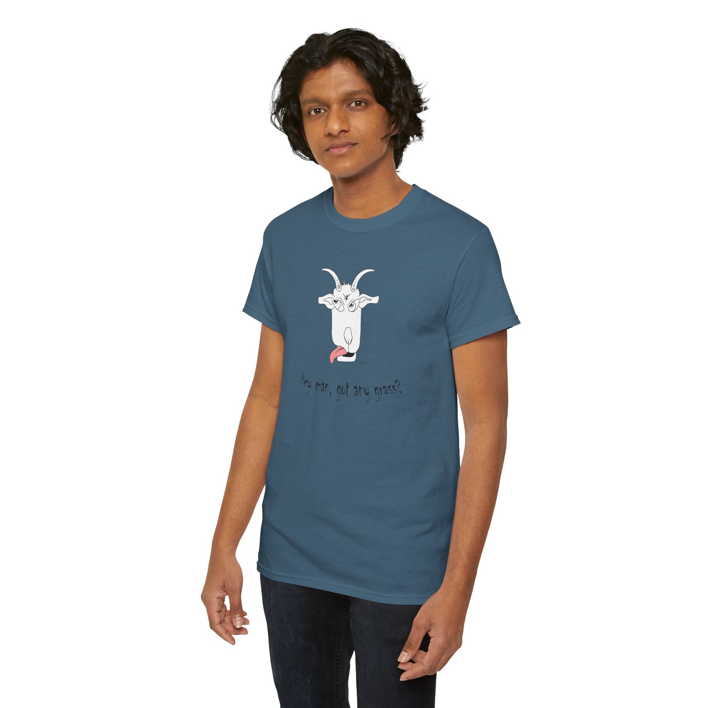 Funny Goat Tee - 'Hey Man, Got Any Grass?' Unisex Heavy Cotton T-Shirt by artist Marie Frederique