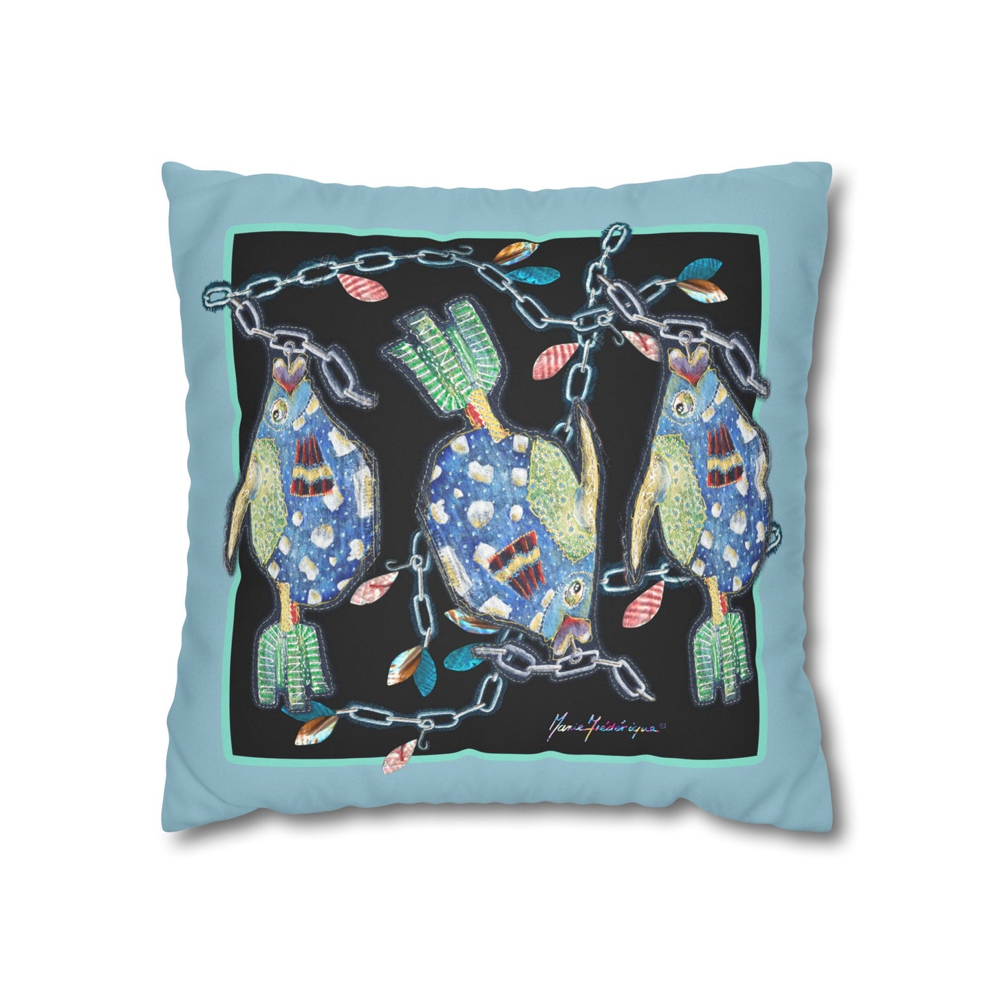 Fishing Faux Suede Pillowcase — Colorful Folk Art fish by artist Marie Frederique