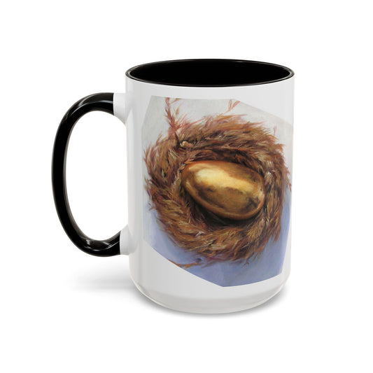 Hen and a golden egg - Which came first the chicken or the egg? Colorful Mug in 4 colors, 11oz By Artist Marie Frederique