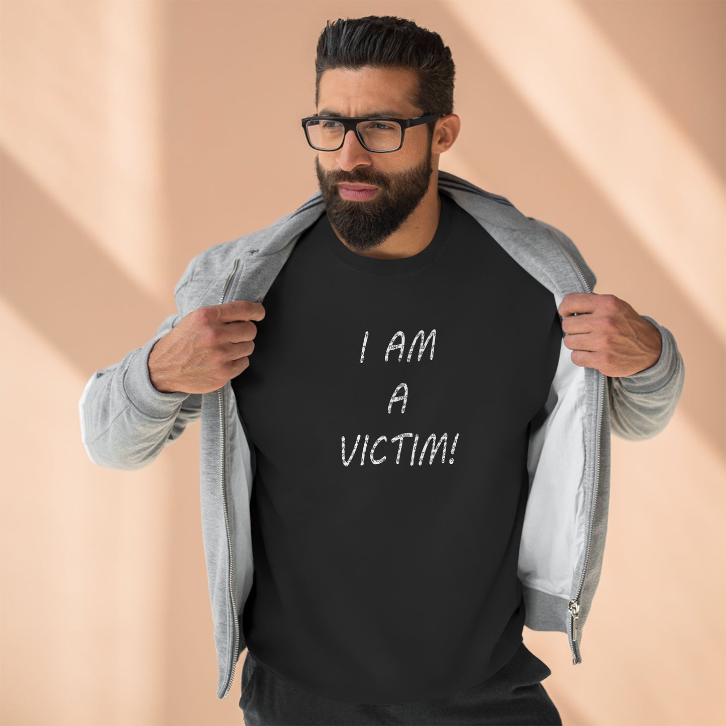 I AM a Victim - Eyes of yesterday! Unisex Crewneck Sweatshirt in black By Artist Marie Frederique with quote on the back