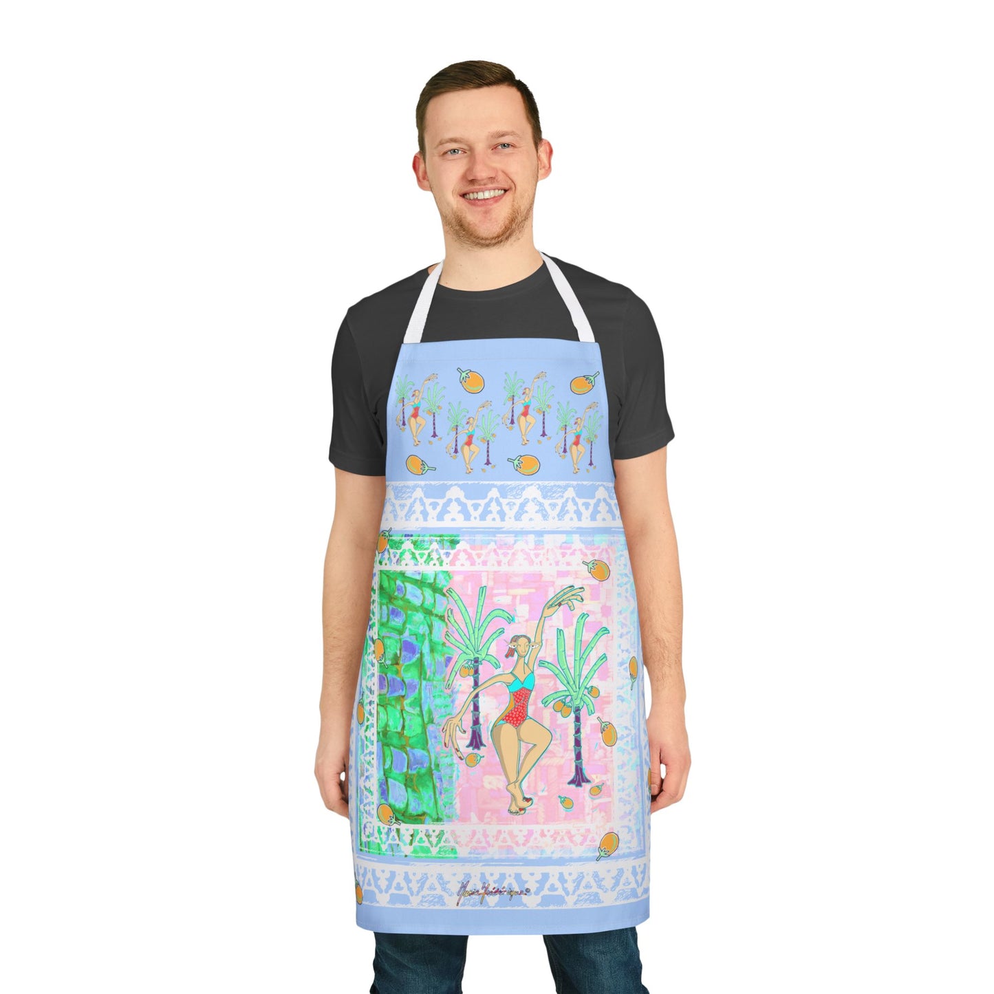 Tropical Palm dancer Pattern Apron — Colorful Retro Cook & BBQ Apron by artist Marie Frederique