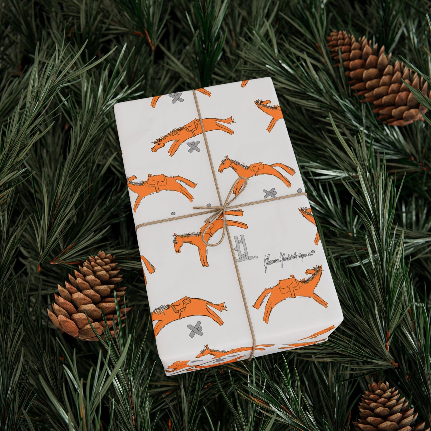 Horse Jumping Pattern Wrapping Paper – Orange Horses on White Gift Wrap (Holiday & Birthday) by artist Marie Frederique