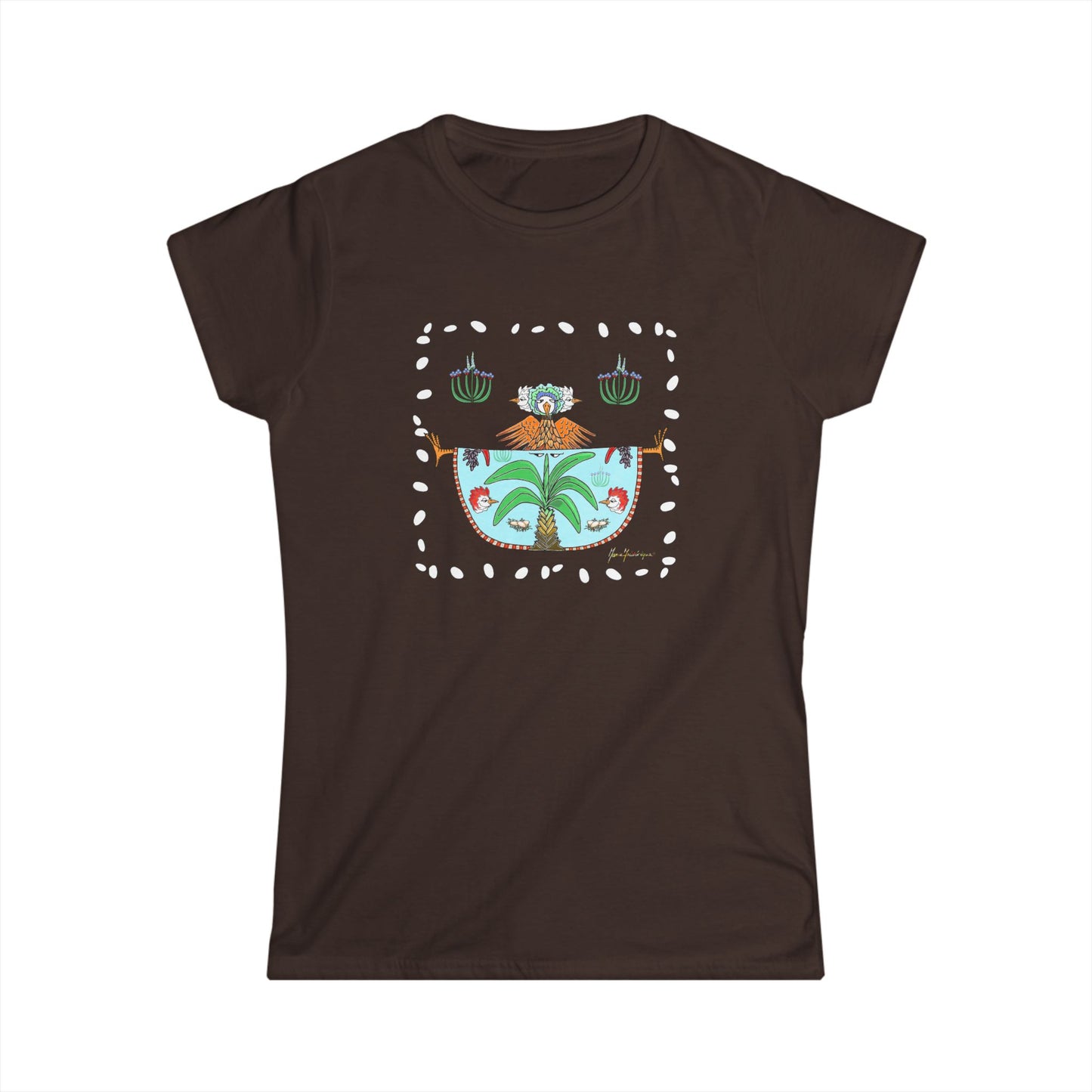 Chic Chick Tropical Pocket Tee — Palm Tree & Chicken Graphic Women's T-Shirt by artist Marie Frederique