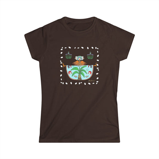 Chic Chick Tropical Pocket Tee — Palm Tree & Chicken Graphic Women's T-Shirt by artist Marie Frederique