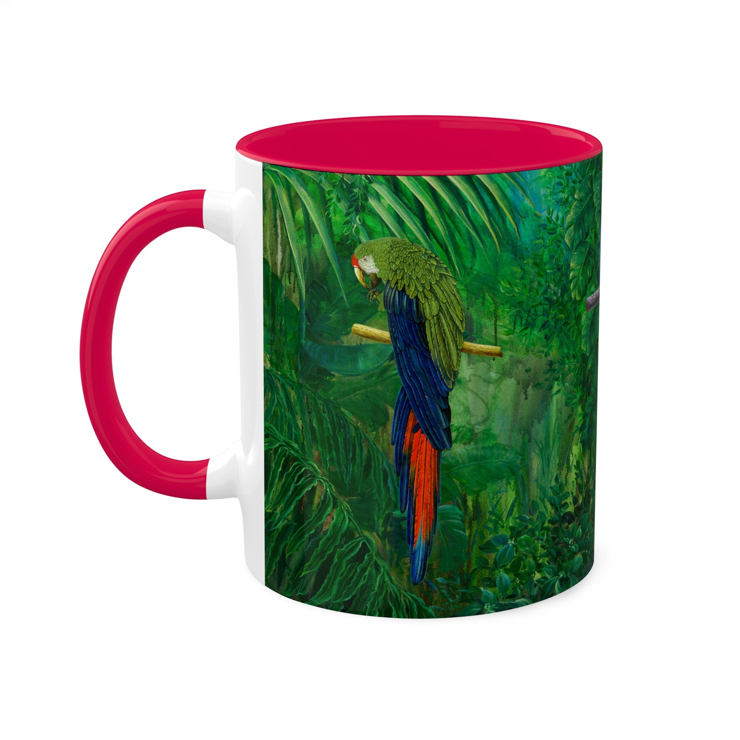 Planet Earth green jungle forest with parrots and blue Iris, in 5 colors. Mug, 11oz By Artist Marie Frederique