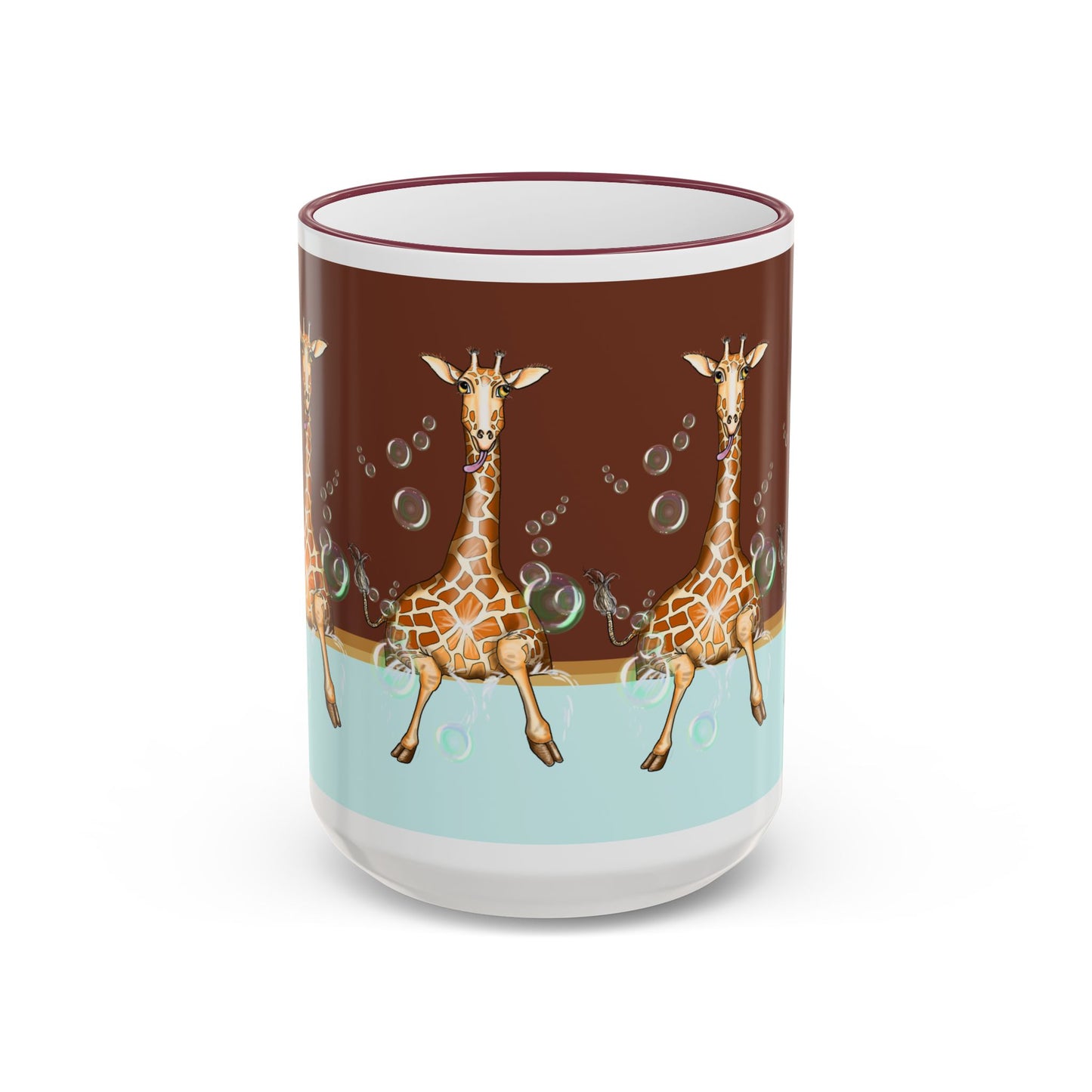 Giraffe Bubbles Accent Rim Mug — Cute Safari Animal Coffee Cup (11oz/15oz) by artist Marie Frederique